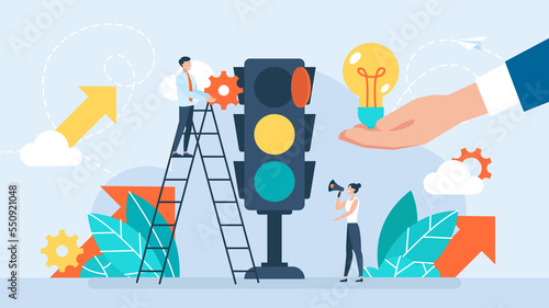 Change of traffic rules. The concept of changing business rules. People repair and adjust traffic lights. Business improvements, technology upgrades. Flat illustration