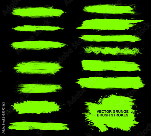 Set of brush strokes, neon green ink grunge brush strokes