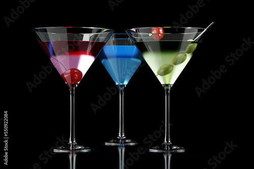 Different cocktails in martini glass on black background