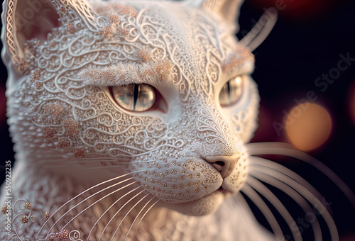 Luxury lace cat in white with some sequins, beautiful kitty, close-up of white lace cat, greetings, card, illustration, digital