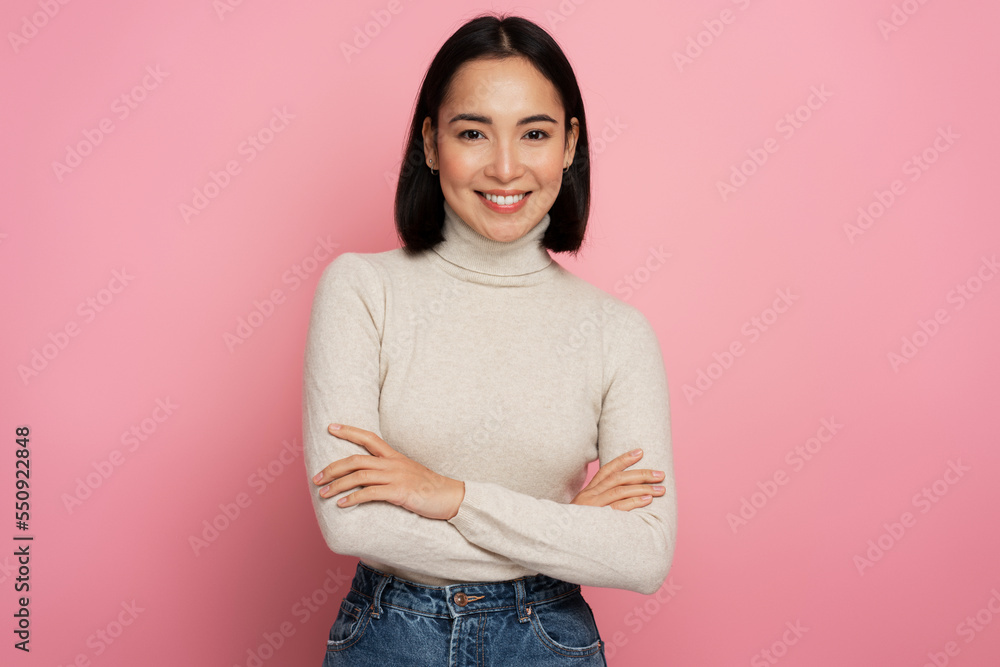 Portrait of pretty smiling happy woman looking at camera with cute positive face Portrait of pretty smiling happy woman looking at camera with cute positive face