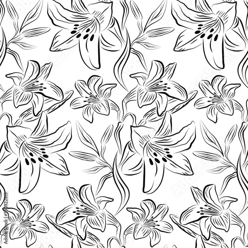 Seamless pattern with black outline of lily flowers and buds on a white isolated background. Linear illustration of lily. Floral background with painted flowers. Design of textiles, fabric, wallpaper.