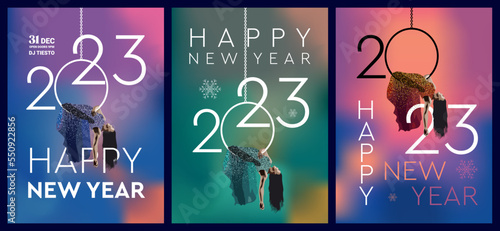 A set of happy new year 2023 vector mesh abstract backgrounds. Woman hanging in aerial ring. Mesh Gradient backgrounds. Minimalistic design. 