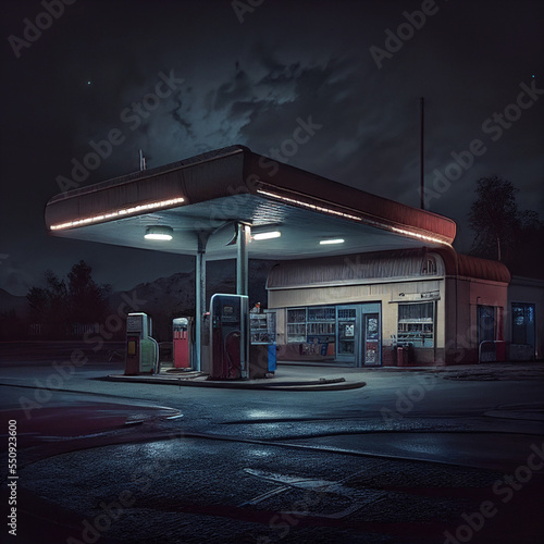 Gas station illustration at night. sinister scene