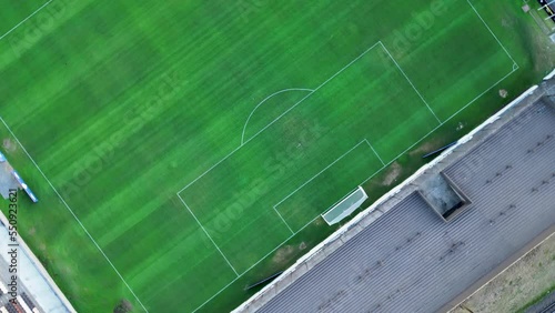 A soccer field seen from the sky, from above, with a drone
