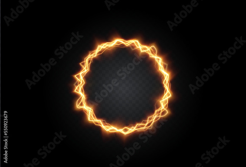 Light circle golden lightning png. Ring of fire light effect. Luminous frame for Element for your design, advertising, postcards, invitations, screensavers, websites, games.