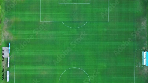 A soccer field seen from the sky, from above, with a drone
