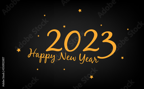 Happy new year 2023 with stars around golden on a black background.