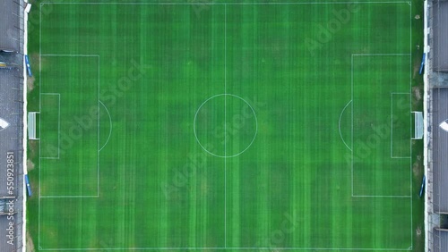 A soccer field seen from the sky, from above, with a drone
