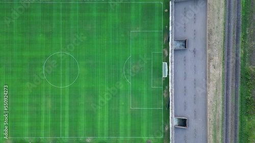 A soccer field seen from the sky, from above, with a drone

