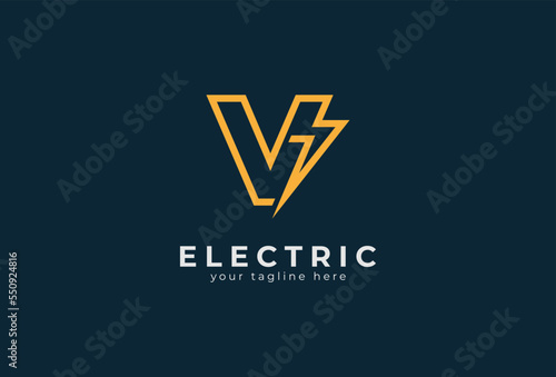 Electric Logo, abstract letter V and lightning bolt combination, tunder bolt design logo template element, vector illustration