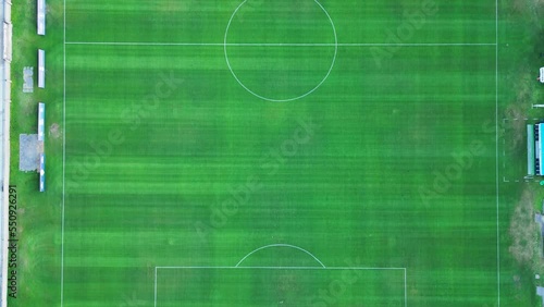 A soccer field seen from the sky, from above, with a drone
