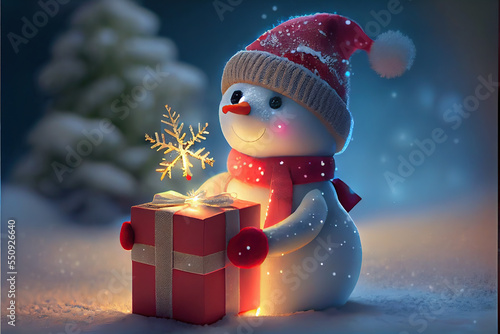 a snowman with a hat and a red scarf, holding a beautiful gift box.