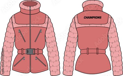 Womens Quilted Puffer jacket design flat sketch Illustration, Down puffa Padded jacket with front and back view, Soft shell winter jacket for girls and ladies for outerwear in winter.