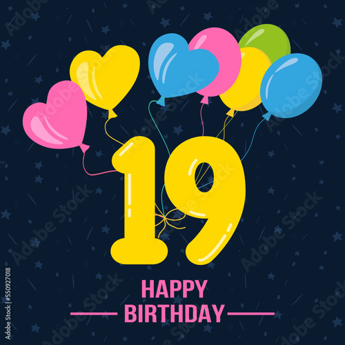 Happy 19th birthday, Happy birthday wishes cards, Birthday wishes.  vector illustration eps10