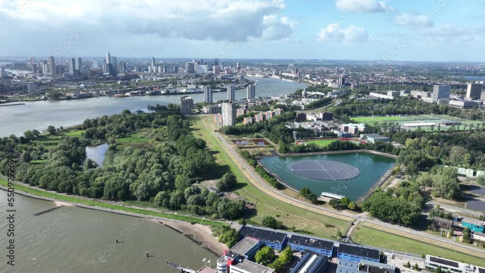 Rotterdam city skyline in the distance and the Feijenoord district
