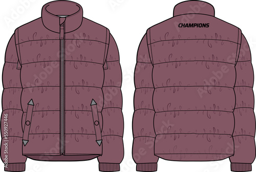 Down puffa Hoodie jacket design flat sketch Illustration, Padded Hooded jacket with front and back view, Soft shell winter jacket for Men and women for outerwear in winter.