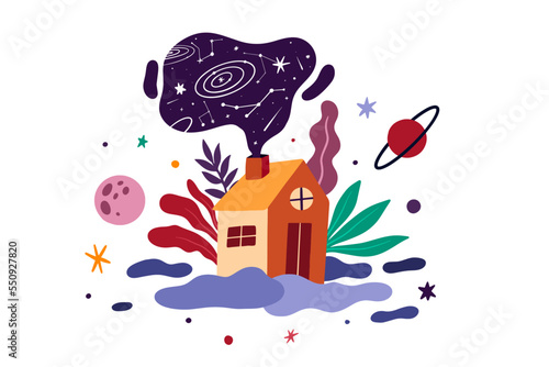 The house above the clouds has a fanciful theme with tropical flower plant decorations