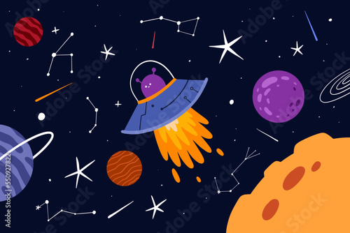 UFO Monster Crewed Spacecraft Hovering Between Planet and Star