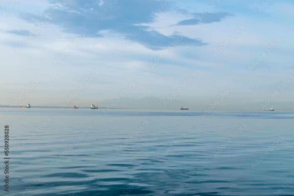 View on the Aegean Sea with ships in Thessaloniki, Greece.