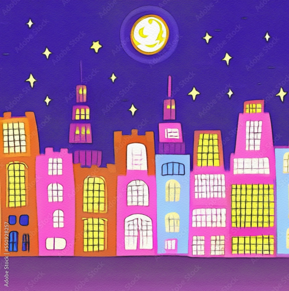 Night city illustration. Digital painting art of cartoon city at night. Trendy print or design background