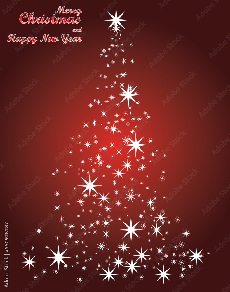 Red Christmas and New Year greeting card with Christmas tree made of stars Red Christmas and New Year greeting card with Christmas tree made of stars