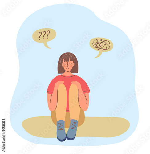 Psychology, mental, healt concept. A girl with confused in her head and a lot of questions.