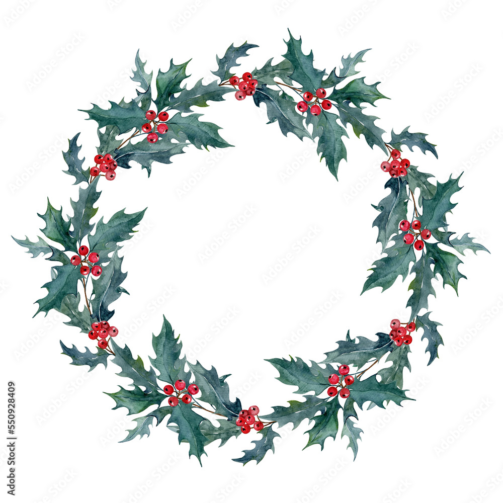 Watercolor wreath of holly branches, hand drawn botanical PNG illustration on transparent background for winter, holiday, Christmas and New Year design. Watercolor wreath of holly branches, hand drawn botanical PNG illustration on transparent background for winter, holiday, Christmas and New Year design.