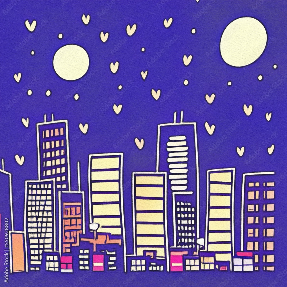 Night city illustration. Digital painting art of cartoon city at night. Trendy print or design background