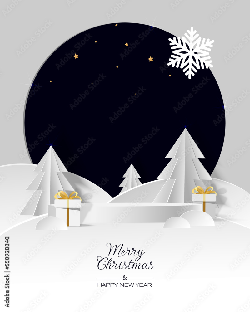 White podium with white christmas tree, gift box and snowflake in paper cut style. Merry Christmas and Happy New Year card. Vector illustration.