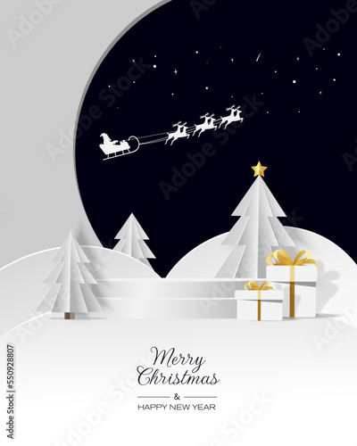 White podium with white christmas tree and snowflake in paper cut style. Merry Christmas and Happy New Year card. Vector illustration.