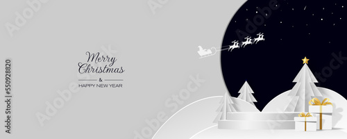 White podium with white christmas tree and snowflake in paper cut style. Merry Christmas and Happy New Year banner. Vector illustration.. photo