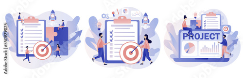 Project management. Marketing analysis and development. Successful strategy, motivation and leadership. Modern flat cartoon style. Vector illustration on white background