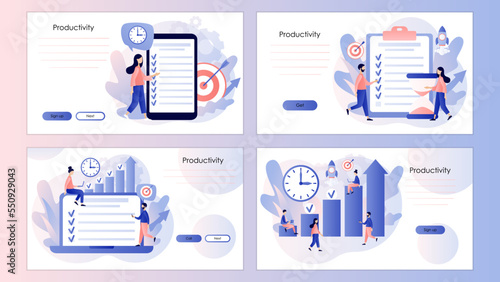 Productivity concept. Discipline, time management, employee performance and self-organization. Effective. Screen template for landing page, template, ui, web, mobile app, poster, banner, flyer. Vector