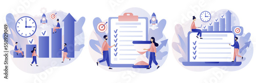 Productivity concept. Discipline, time management, employee performance and self-organization. Effective job planning. Modern flat cartoon style. Vector illustration on white background