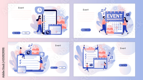 Event management. Manager planning event, conference or party. Professional organizer. Wedding planner. Screen template for landing page, template, ui, web, mobile app, poster, banner, flyer. Vector 
