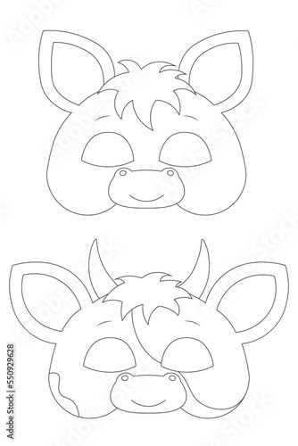 Set of coloring masks of animal characters for children. Horse and cow mask.