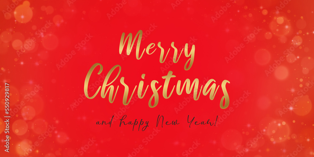 Merry Christmas greeting card with gold letters on red magical bokeh background.	