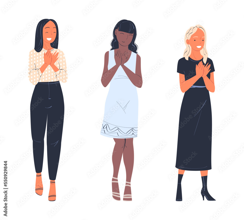 Woman Character Standing Ovation Clapping His Hands as Applause and Acclaim Gesture Vector Set Woman Character Standing Ovation Clapping His Hands as Applause and Acclaim Gesture Vector Set