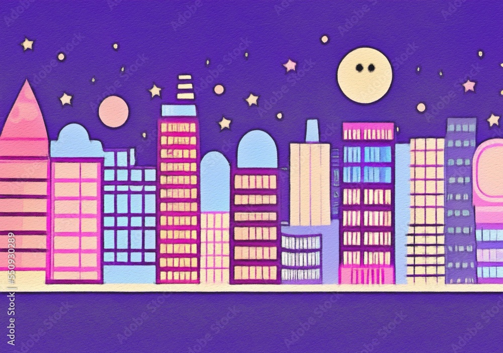 Night city illustration. Digital painting art of cartoon city at night. Trendy print or design background