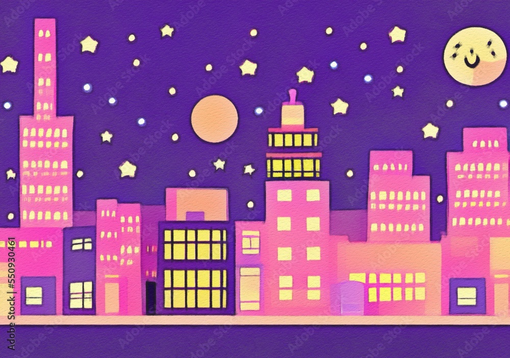 Night city illustration. Digital painting art of cartoon city at night. Trendy print or design background Night city illustration. Digital painting art of cartoon city at night. Trendy print or design background