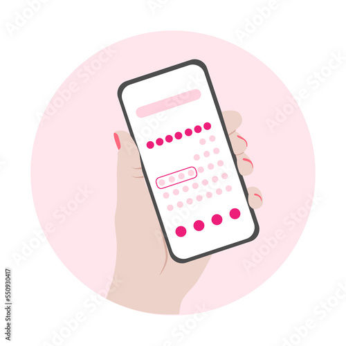 Menstruation cycle mobile app. female hand hold woman periods calendar on her smartphone