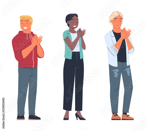 Man and Woman Character Standing Ovation Clapping His Hands as Applause and Acclaim Gesture Vector Set