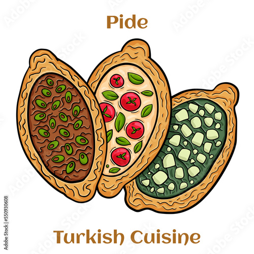 Traditional Turkish baked pide dish. Middle Eastern snacks. Turkish pizza. Open pies with different maingame.