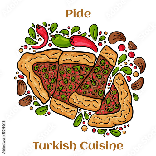 Traditional Turkish baked pide dish. Middle Eastern snacks. Turkish pizza. Open pies with different maingame.