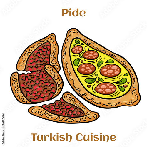 Traditional Turkish baked pide dish. Middle Eastern snacks. Turkish pizza. Open pies with different maingame.