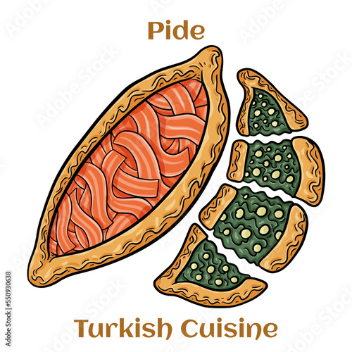 Traditional Turkish baked pide dish. Middle Eastern snacks. Turkish pizza. Open pies with different maingame.
