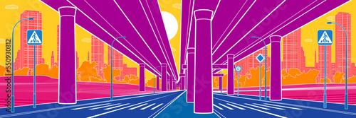 Colorful city architecture and infrastructure illustration, automotive overpass, big bridges, urban scene. Night town. Large highway. White outlines on color background. Vector design art