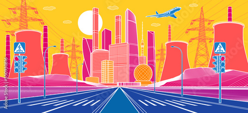 Colorful Infrastructure town illustration.  Wide highway. Thermal power plant and energy lines. Modern city at color background, tower and skyscrapers, business building. Vector design art
