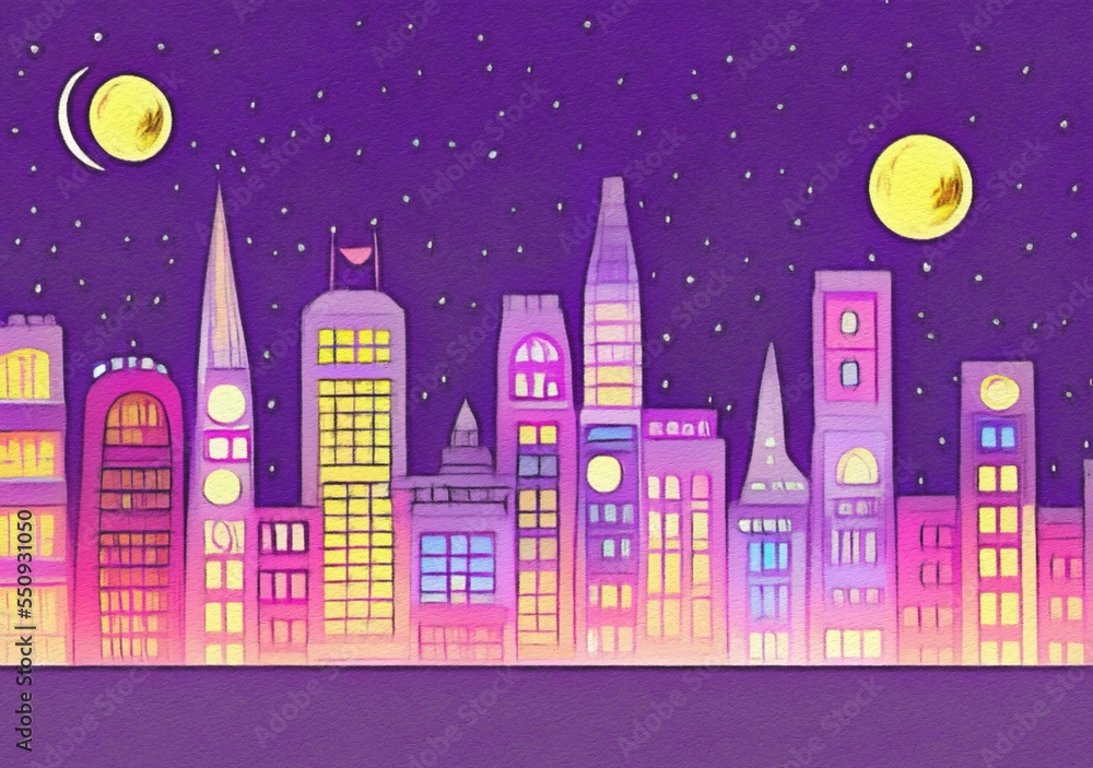 Night city illustration. Digital painting art of cartoon town, houses, skyscrapers at night. Trendy print or design background